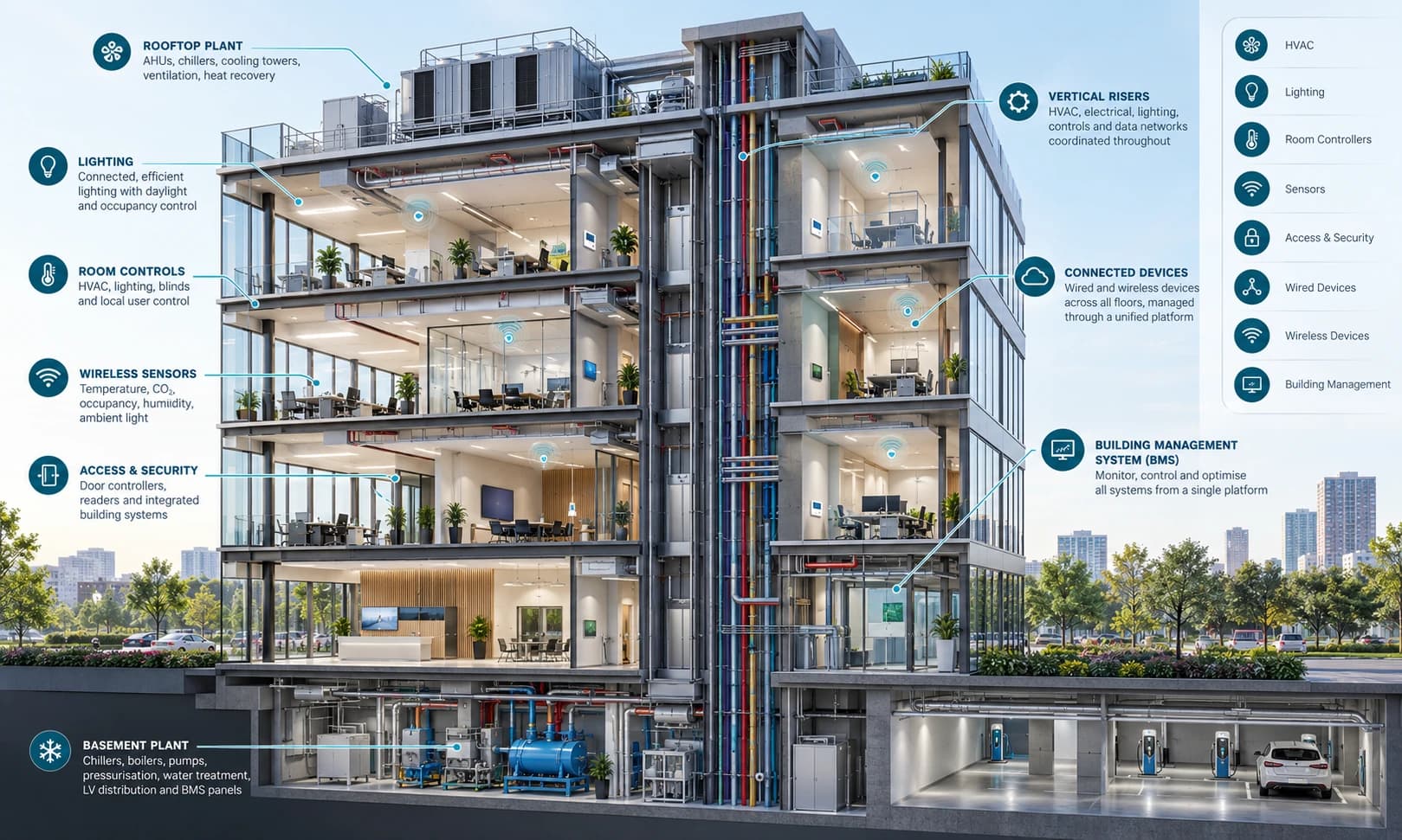 Ilustración de un edificio en sección con instalaciones en la azotea y el sótano, montantes verticales, plantas conectadas y controles por espacio