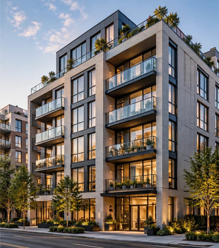 Edificio de apartamentos moderno con balcones de vidrio y jardines en la fachada