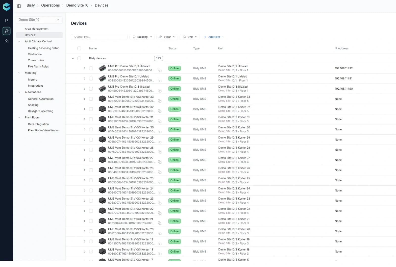 Interfaz operativa Bisly de configuración de dispositivos