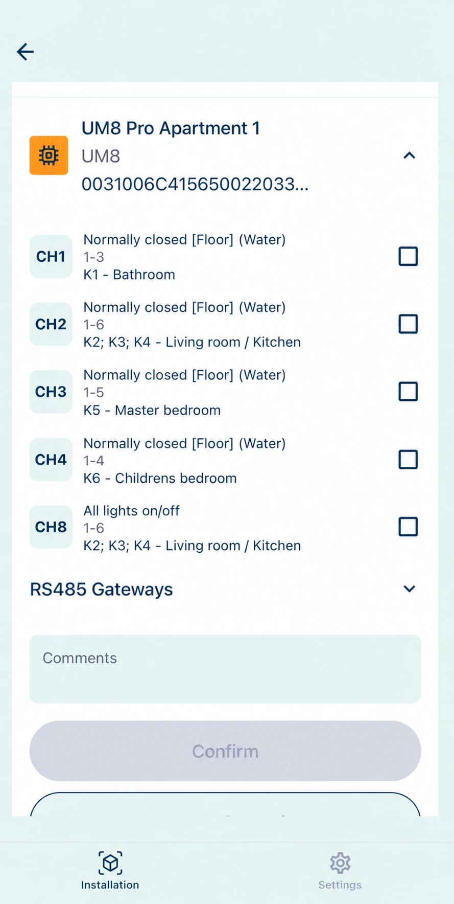 Bisly Installer App interface on a mobile device
