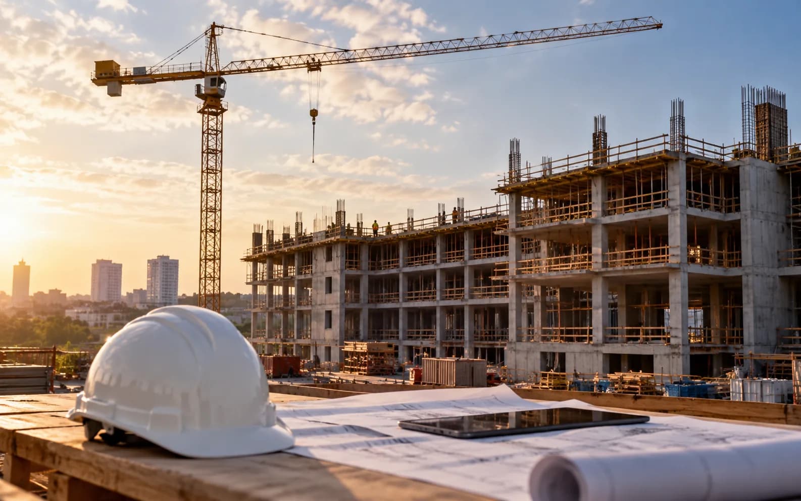 Crane above a building under construction, with a hard hat and blueprints in the foreground