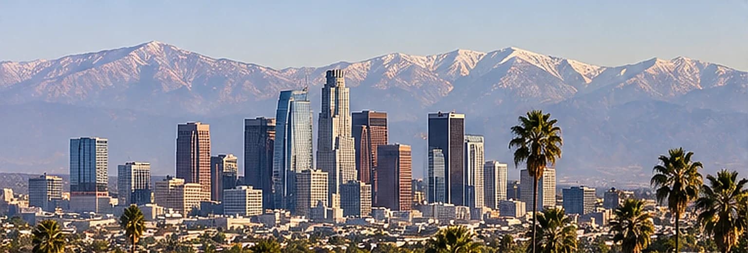 Downtown Los Angeles buildings with the San Gabriel Mountains in the background