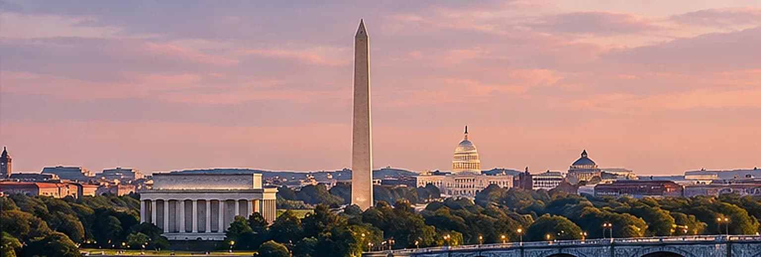 Washington, DC skyline at dusk with the Washington Monument and surrounding buildings