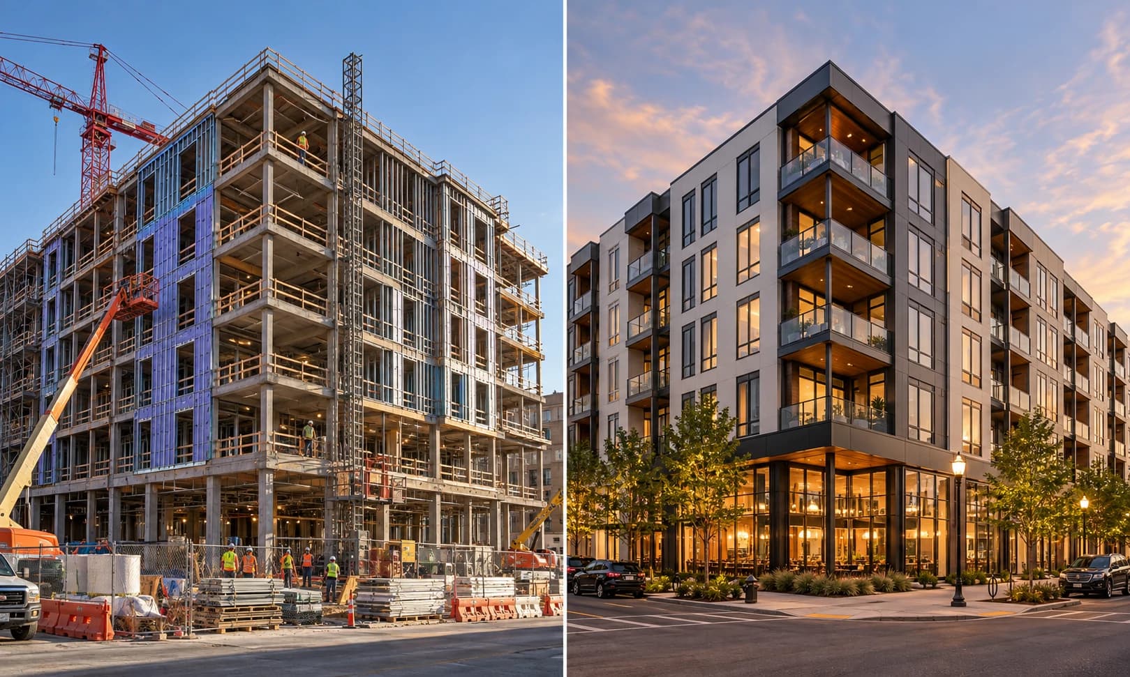 Ilustración comparativa de un edificio en construcción con grúas y un edificio de apartamentos moderno terminado al anochecer