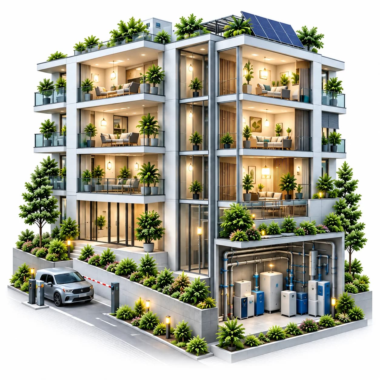 Edificio con apartamentos, paneles solares, acceso vehicular y sala de máquinas