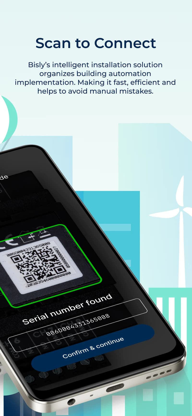 Bisly Installer app scanning a QR code to connect a building automation device to its digital twin