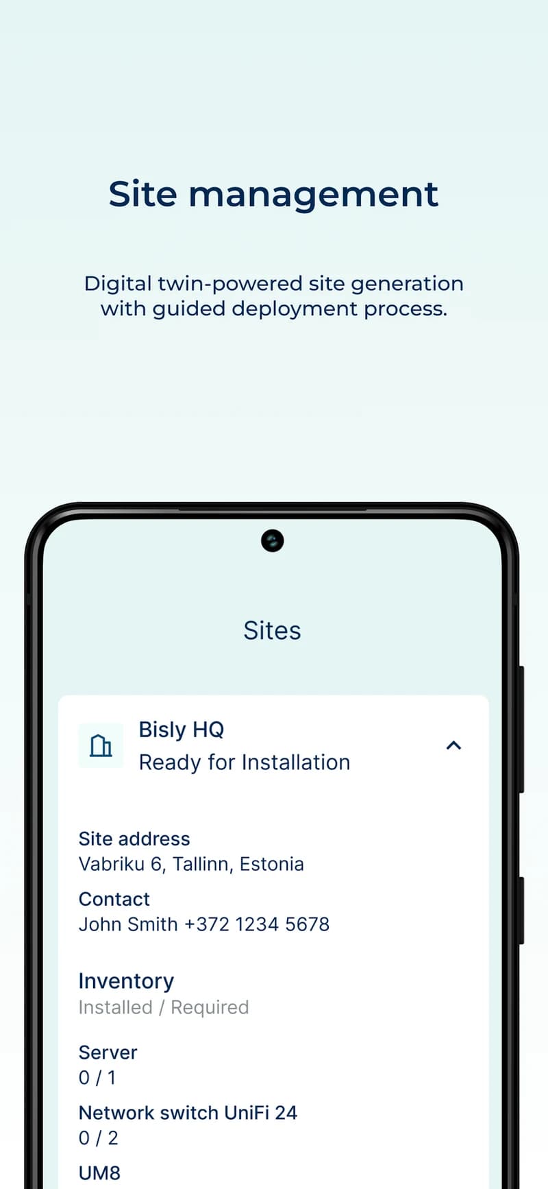 Bisly Installer site management interface connected to the building digital twin