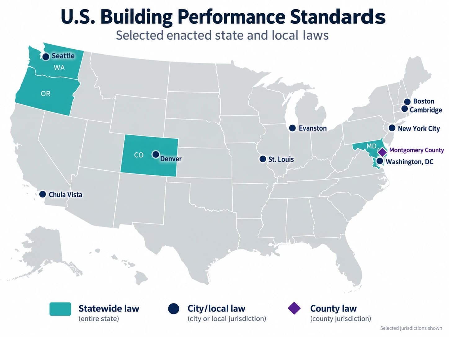 Mapa de leyes de desempeño de edificios aprobadas en estados, ciudades y condados seleccionados de Estados Unidos.